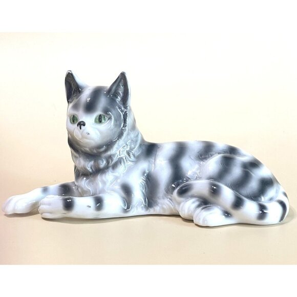Vintage Thuringia Porcelain Tabby Cat Figurine Gray White Stripe Green Eyes Germ - Picture 2 of 7
